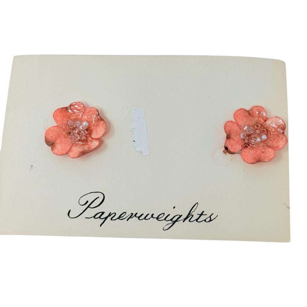 Vintage 1960s Pink Flower Clip On Earrings Pearl Center Handmade